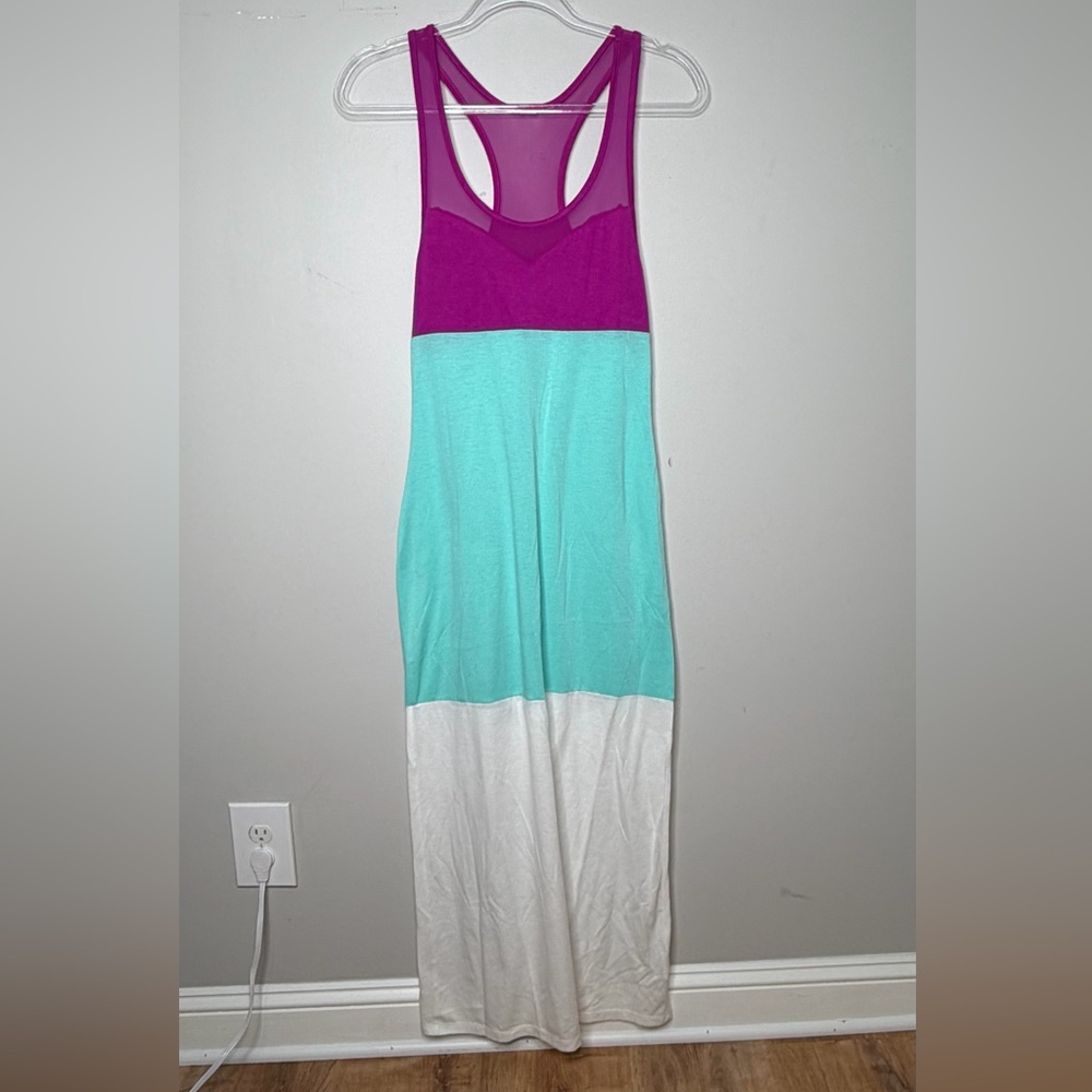Colorblock Maxi Dress w/slit. Magenta, Aqua & White. Beach/Dress/Cover up.